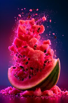 Exploding watermelon slice with flying fruit pieces