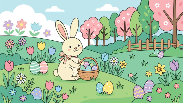 Cute Easter Bunny Vector Landscape with Colorful Painted Eggs in Basket, Kawaii Cartoon Rabbit in Spring Flower Garden for Kids Holiday Greeting Card, Egg Hunt Event Poster and Banner