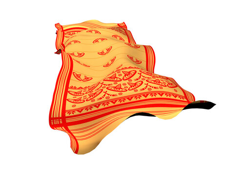 Gamosa or gamusa flying isolated on white or transparent png. It is generally a white rectangular piece of cloth from assam used in bihu. flying fabric png.