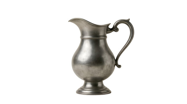 Elegant metallic silver pitcher standing alone isolated on a transparent background.