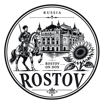 Rostov on Don emblem with Cossack, opera house, and sunflower