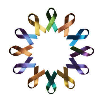 Colorful awareness ribbons arranged in a circular pattern representing health and support