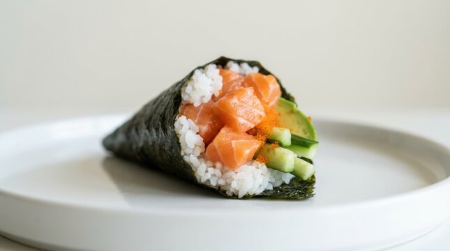 Salmon cucumber temaki served on white ceramic plate