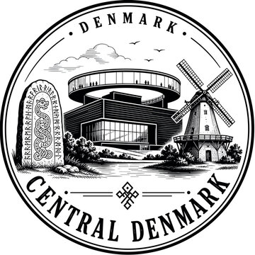 Denmark Emblem with Modern Architecture and Historic Rune Stone