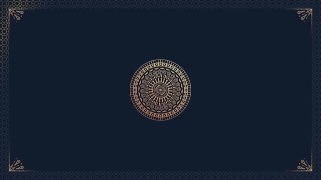 Elegant golden mandala frame animation on dark blue background.