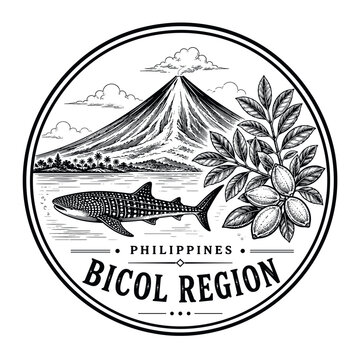 Bicol Region Philippines emblem with whale shark, volcano, and cacao fruits