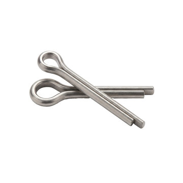 Two metal cotter pins on white background. Steel split pins for mechanical fastening.