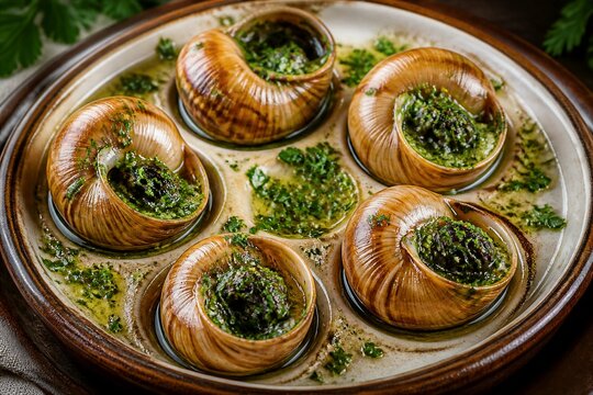 Cooked escargot in garlic herb butter served in baking dish