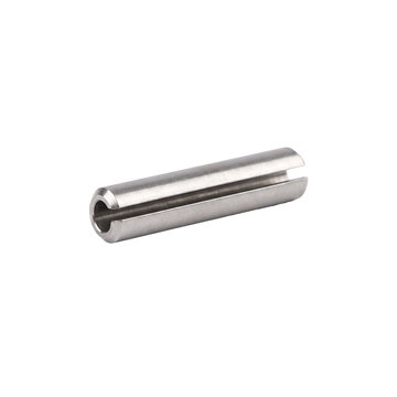 Metal spring tension pin. Industrial steel slotted dowel fastener for mechanical assembly.