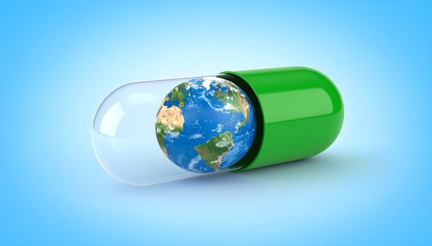 Earth inside green and clear pill representing global healthcare
