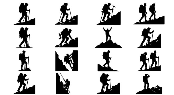 Climbing Silhouette Icons, Mountain Adventure Vector Set, Hiking and Trekking Graphics, Outdoor Sports Collection