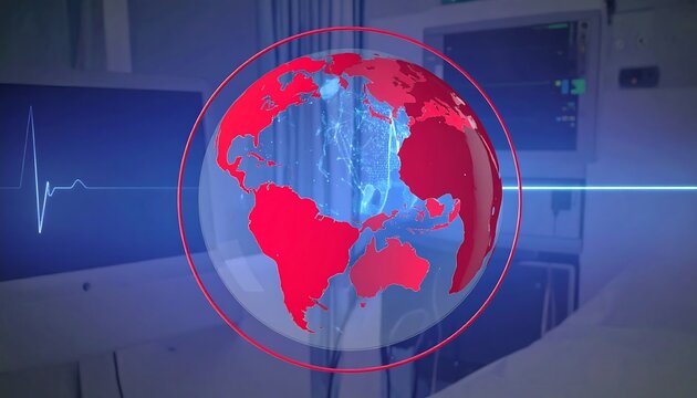 Red globe inside a circle representing global health coverage