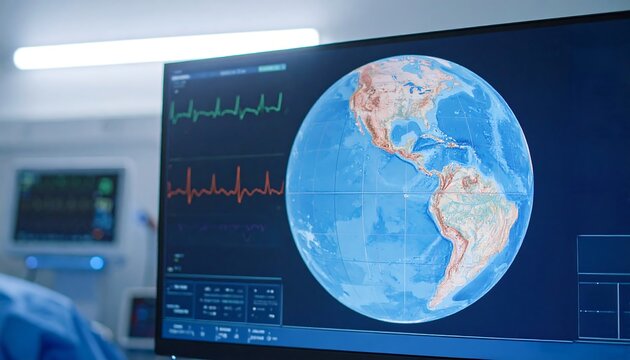 Computer monitor displaying health data and a world map
