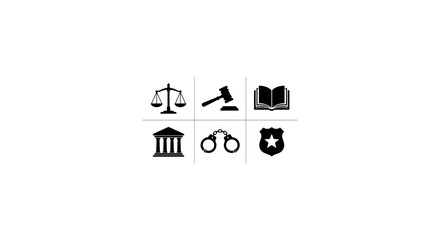 Fototapeta premium Law Icons Set: Scales of Justice, Gavel, Open Book, Courthouse, Handcuffs, Police Badge Vector Graphics for Legal and Justice Concepts