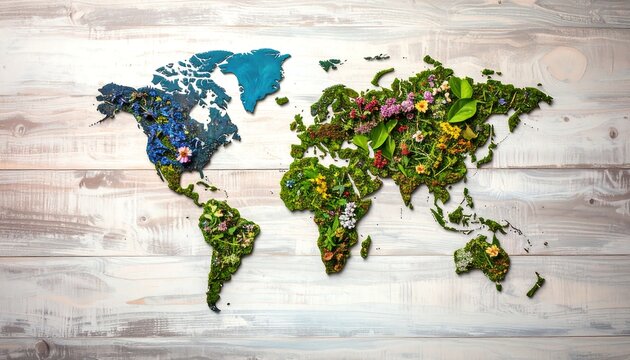 World Map Formed With Plants And Flowers Demonstrating Global Health