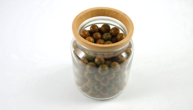 Jar filled with brown marbles on white background
