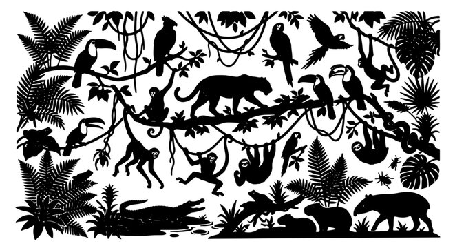 Amazon Rainforest Silhouette Collection: Jungle Animals, Tropical Plants, and Wildlife Vector Graphics for Nature Designs