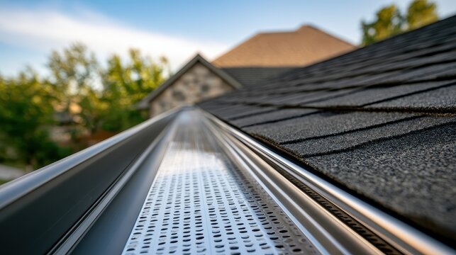 Close-up of metal gutter guard installed on roof. Ideal for home maintenance ads.