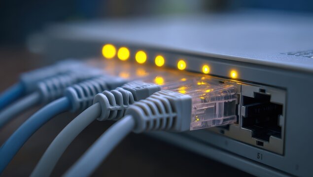 Ethernet cables plugged into network switch with glowing LED lights. Great for IT infrastructure concepts.