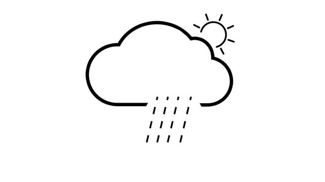Animated line art icon of rain falling from a cloud with the sun peeking behind, sun and rain weather icon.