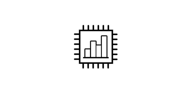 Animated line icon of microchip processor with data bar chart symbol on white background