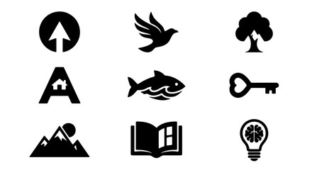 Minimalist Vector Icons Set: Nature, Home, Business, and Ideas, Black and White Graphic Elements for Web and Print Design © Tareq