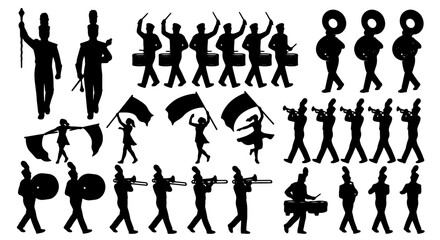 Fototapeta premium Marching Band Silhouettes Collection, Drum Major, Flag Bearers, Musicians, Parade Performers, Vector Graphics Set
