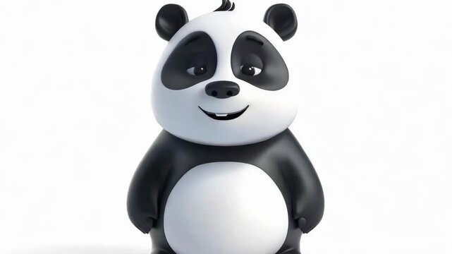 Cheerful cartoon panda bear standing on white background, cute 3d character render