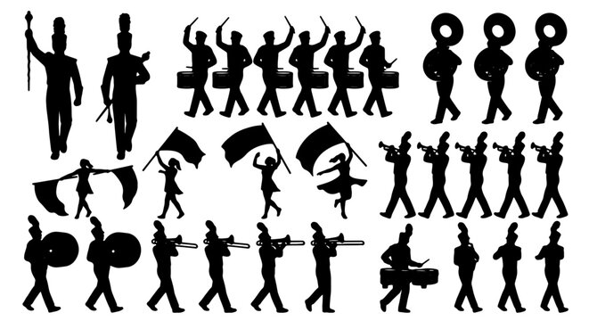 Marching Band Silhouettes Collection, Drum Major, Flag Bearers, Musicians, Parade Performers, Vector Graphics Set