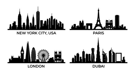 Obraz premium Global City Skylines Silhouette Collection: New York, Paris, London, Dubai Vector Graphics for Travel and Architecture Design