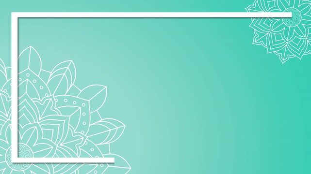 Elegant Mint Green Background with Ornamental Mandala Patterns and White Frame.