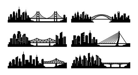 Obraz premium Cityscape Silhouettes Collection: Modern Bridges and Skyscrapers, Urban Architecture Vector Icons for City Design and Travel Graphics