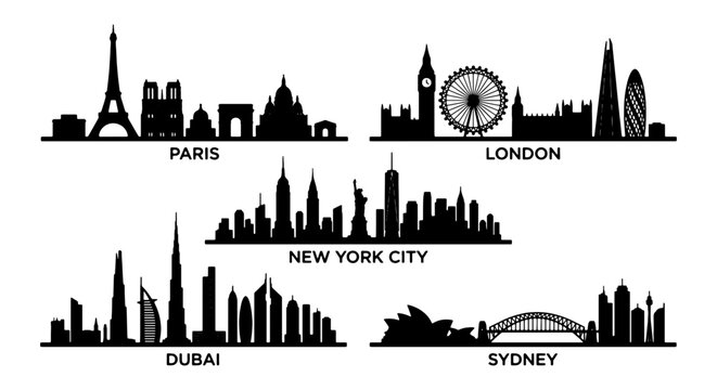 Iconic City Skylines Vector Collection: Paris, London, New York, Dubai, Sydney Silhouettes for Travel and Architecture Design