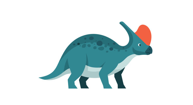 Cute cartoon Parasaurolophus dinosaur with orange crest, isolated on white background, wild prehistorical animal, vector.