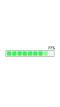 Progress bar loading animation with green blocks on white background showing percentage increase from seven to hundred percent in cinematic movement.