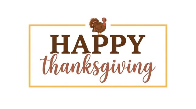 A festive and elegant happy thanksgiving greeting card design featuring a cute turkey illustration inside a gold rectangular frame isolated on a white background image