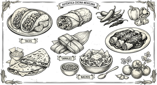 Vintage Engraving Mexican Food Element Collection Banner Featuring Hand Drawn Sketches of Tacos Burrito Tamales Nachos Quesadilla Enchiladas and Chili Peppers Vector Designs