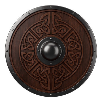 Round wooden shield featuring intricate celtic knotwork engravings with central iron boss protection with decorated detailed traditional on transparent background