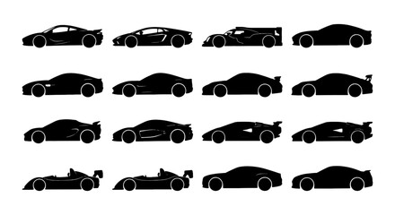 Fototapeta premium Set of 16 Silhouette Sports Cars, Racing Vehicles, and Supercars Vector Icons. Modern Automotive Designs for Transportation and Speed Concepts.
