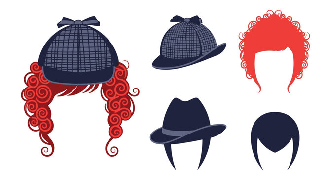 Classic detective costume set featuring Sherlock Holmes deerstalker hats, fedoras, and curly red hairstyle wigs.