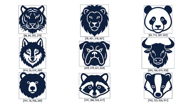Wild Animal and Mascot Head Silhouette Icon Set Featuring Tiger Lion Panda Wolf Bulldog Bull Bear Raccoon and Badger for Sports Team Vector Graphic Designs