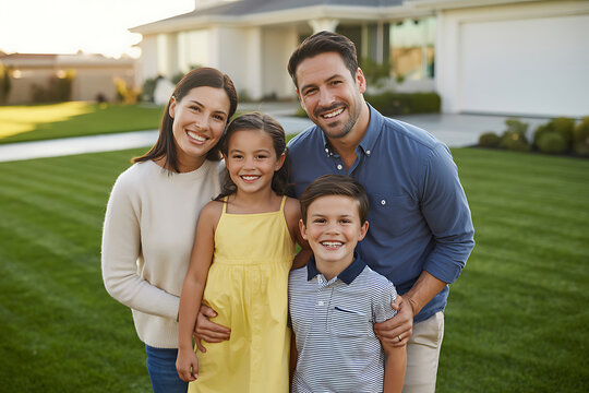 Smiling family of four standing together on a front lawn, suburban house background