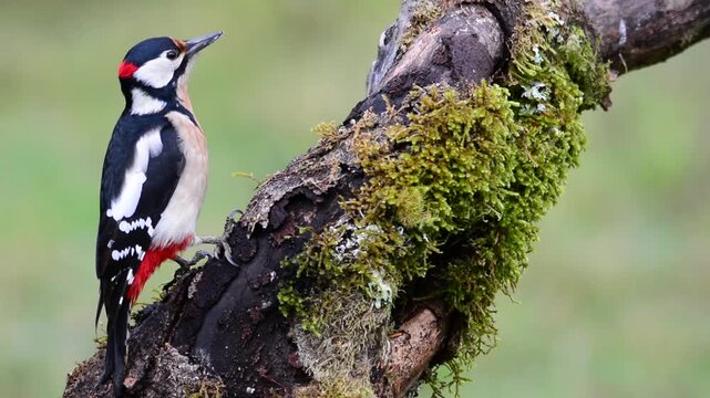 Great spotted woodpecker perched on a log.
