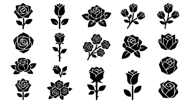 Elegant Rose Icons Set, Vector Silhouettes of Blooming Flowers, Romantic Botanical Graphics for Design Projects, Floral Emblems