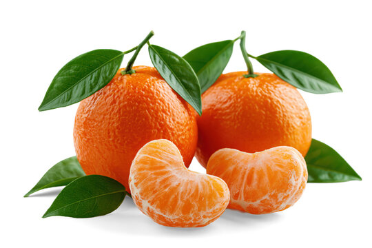 Fresh Tangerines With Green Leaves And Slices