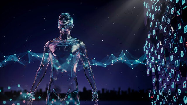 Transparent humanoid figure with glowing digital network and hexagonal data grid