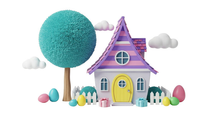 Whimsical fantasy house with tree and easter eggs