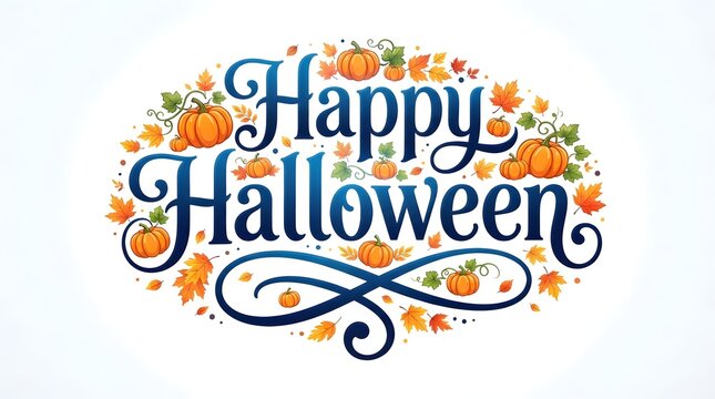 A festive happy halloween greeting card design featuring decorative autumn leaves and pumpkins with elegant calligraphy typography that is perfect for a happy thanksgiving season