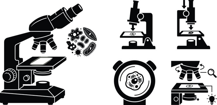 Collection of black microscope with biological cells and bacteria on white background