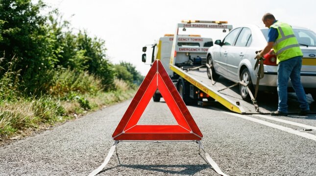 Red warning triangle on road with tow truck loading brokendown car for roadside assistance